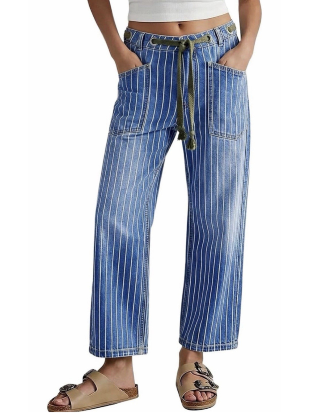 Flamingals High Waist Barrel Leg Pinstripe Drawstring Jeans M